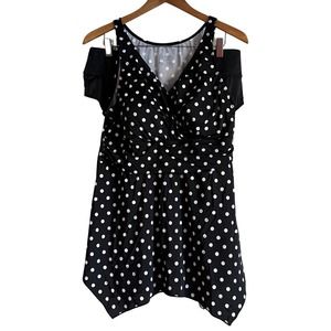 DENIM & CO Beach Handkerchief Hem Tankini with Brief Black White Dot 14